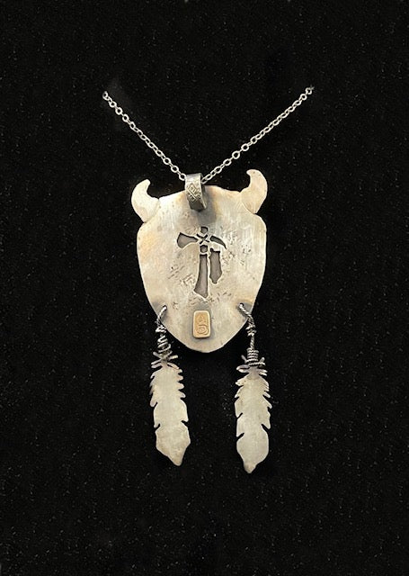 Sterling Silver Buffalo Head Pendant with Feathers