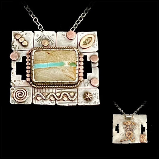 Sterling Silver and Gold Plated Rectangular Native American Themed Necklace