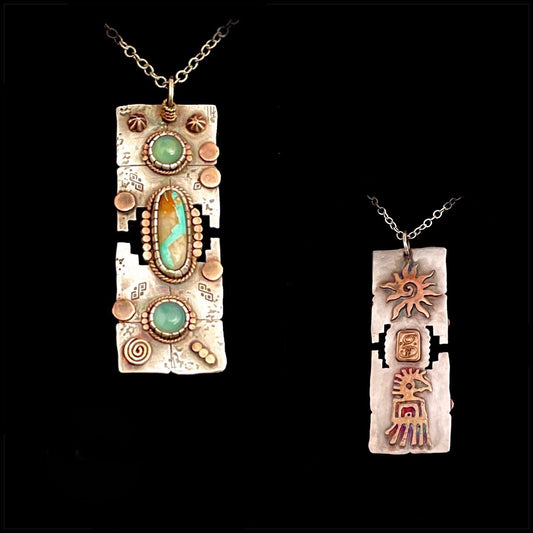 Rectangular Sterling Silver and Gold Platted Native American Themed necklace